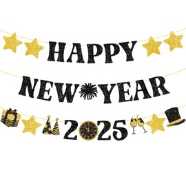Happy New Year Banner2025, No-Diy New Years Decorations Banner, Glitter Nye Decorations 2025 Garland for New Years Eve Party Supplies 2025