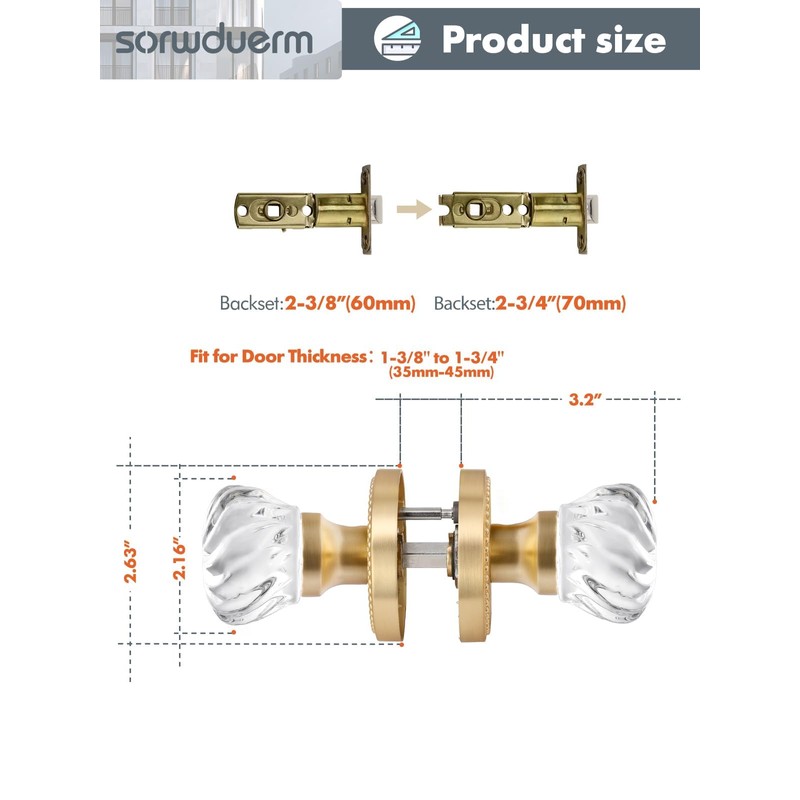 SORWDUERM 1 Pack Crystal Door Knobs Gold Door Knob Brushed
