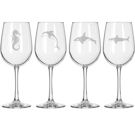 MIP Set of 4 Wine Glass for Red or White Wine Gift Sea Ocean Life Collection Two (16 oz Tall Stemmed)