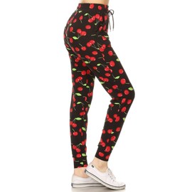 Leggings Depot JGA-R991-L Sweet Cherries Print Jogger Pants w/Pockets, Large