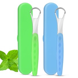 Milifox Tongue Scraper for Adults, Stainless Steel Tongue Scraper Cleaner with Case, Metal Scrapers for Kids, Travel, Home, Reduce Bad Breath and Breathe Fresh (Light Blue and Light Green)