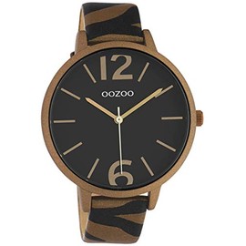 Oozoo Women's Watch with Zebra Look Leather Strap Animal Print Colours of Africa 43 mm, Black/Copper, Strap.