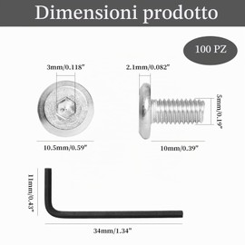 100 Pezzi Di Viti M5 x 10 mm In Acciaio Inox Con Chiave A Brugola 3 x 21 x 57 mm, Viti A Testa Piatta, Resistenti Alla Ruggine, Alla Corrosione E All'Ossidazione