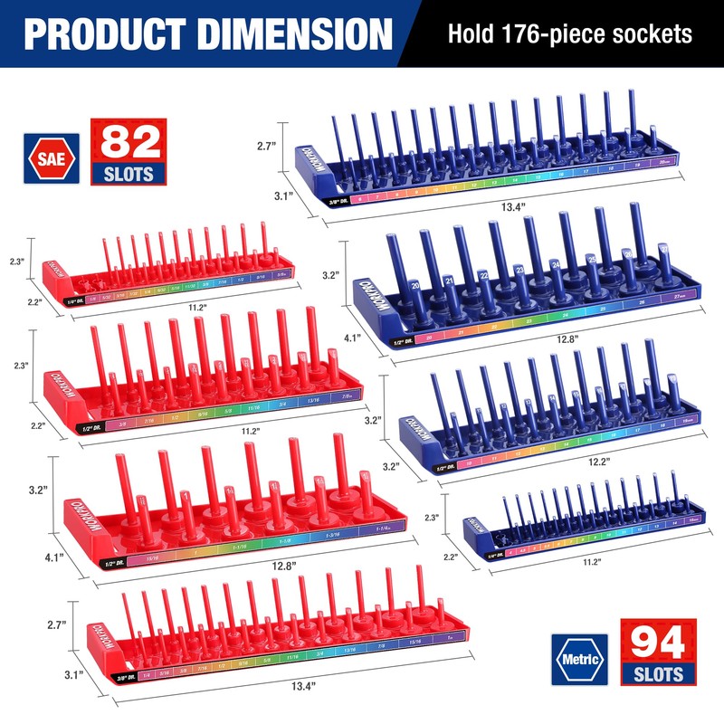WORKPRO Socket Organizer Set, 8PC Socket Holder, 1/4", 3/8", 1/2"