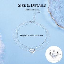 YELUWA 2 in 1 Heart Anklet 925 Silver Women's Double Anklet with Ball and Cubic Zirconia Summer Barefoot Beach Anklet Gift for Girlfriend Sister Mother Girls Lady, Adjustable 23 + 3 cm, Stainless