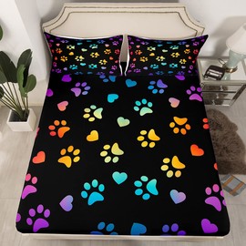 Manfei Dog Paw Print Kids Fitted Sheet Full Size,Animal Pet Neon Bedding Set,Girls Boys Adults Home Bedroom Decor,Puppy Kawaii Cartoon Bed Cover,Colorful Rainbow Bed Sheet,3pcs,2 Pillowcases
