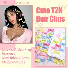 STGDAK 36 Pcs Star Hair Clips Colorful Mini Hair Bow Cute Satin Ribbon Alligator Clip Bow Hair Barrettes Plaid Star Clip Kawaii Snap Barrettes Non Slip Y2k Hot Pink Hair Accessories For Women Girls