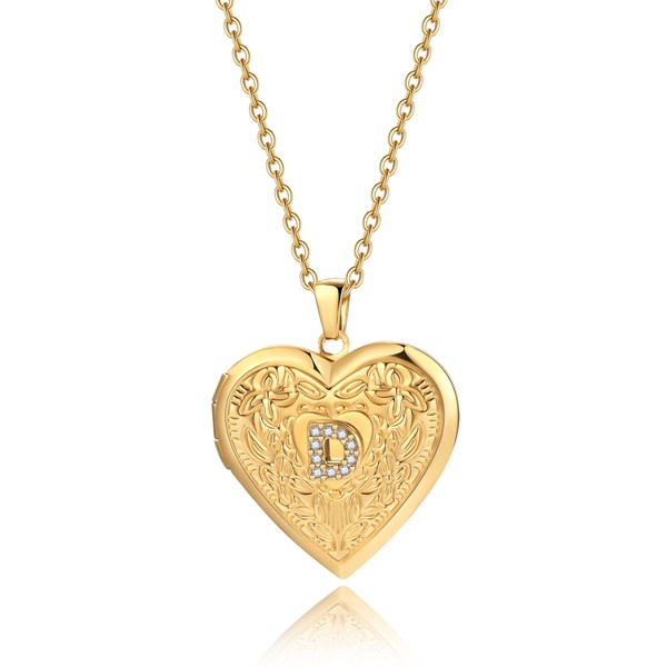 Badu Gold Initial D Necklace for Women Heart Photo Lockets