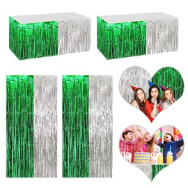 4P Metallic Foil Fringe Tinsel Table Skirts for Rectangle Tables Backdrop Banner Streamer Garland Curtains for Parade Floats Wedding Graduation Anniversary Birthday Parties Decoration (Silver green)