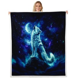 Feelyou Wolf Sherpa Blanket 40"x50" Mountain Moon Wolf Fleece Throw Blanket for Bed Sofa Couch Wolves Howling Plush Blanket Animal Wolves Fuzzy Blanket