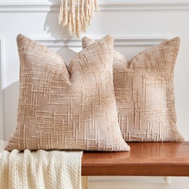 GriNeed Throw Pillow Covers Neutral Khaki Set of 2 18x18 Inch Pillow Covers, Soft Chenille Decorative Pillowcases for Couch Sofa Bed Living Room, Home Boho Decor, Modern Farmhouse Cushion Covers