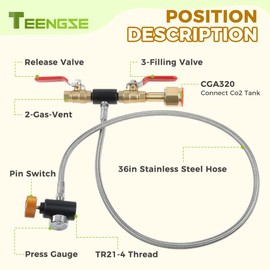 TEENGSE CGA320 G1/2 Co2 Cylinder Refill Adapter Hose, CO2 Refill Adapter Fill Station Connector Kit, CGA320 to TR21-4, 32inch Hose Dual Valve with Gauge