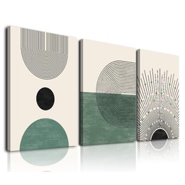 Sage Green Boho Wall Art, KBKBART Abstract Framed Canvas Wall Art for Living Room, Minimalist Beige Green Sun Geometry Black Line Artwork Paintings, Modern Sage Green Boho Room Decor, Green Wall Decor Ready To Hang for Bedroom Bathroom Office (16"x24"x3)
