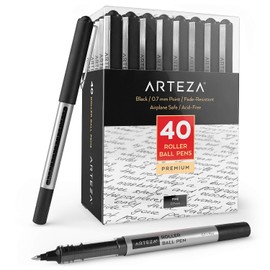 ARTEZA Rollerball Pens, Pack of 40, 0.7mm Black Liquid Ink Pens for Bullet Journaling, Fine Point Rollerball