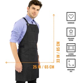 Under NY Sky Essential Black Denim Apron – Cross-Back with Leather Reinforcement – Adjustable for Men and Women – Pro Chef, Tattoo Artist, Baker, Barista, Bartender, Server Aprons