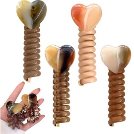 MOTIBACK 4PCS Spiral Hair Ties Set - Heart Design Telephone Wire Hair Bands, No Damage Elastic Coil Scrunchies for Women & Girls, Ponytail Holders for Wedding Birthday Party Daily Hair Accessories