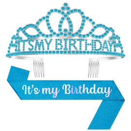Papoopy Birthday Tiara and Crown with Sash, Birthday Tiara for Women Party Blue