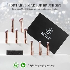 BEILI Travel Eye Makeup Brushes Set 8pcs Removable Double Sided Makeup Brush with Mirror Box & Removal Cleaner Sponge for Concealer Eyeshadow Contour Powder Blending Eyebrow Eyeliner Rose Gold S102