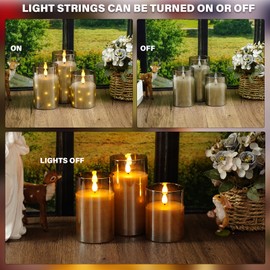 Nimiko Real Wax Flameless Candles Glass,Battery Operated LED Candles with Flickering Flame,Glass Shell,Interior Star Light Decoration Set of 3 Grey (D 3"×H 4" 5" 6") for Home Decor,Holiday Decoration