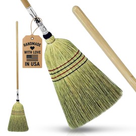 Handmade Amish Corn Broom with Wooden Handle – 57" Heavy Duty Broom for Courtyard, Lobby & Market, 100% Corn Fill Straw Broo'm, 4 Sews Indoor & Outdoor Bristle for Sweeping - Yellow