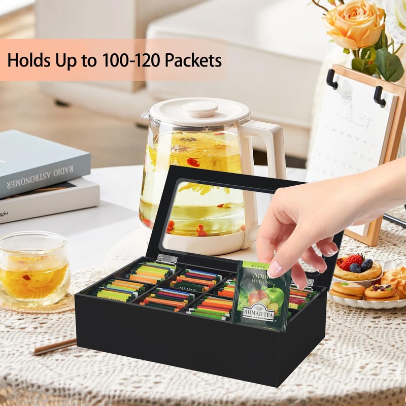 Tasybox Tea Bag Organizer, Acrylic Tea Box with Lid, Tea