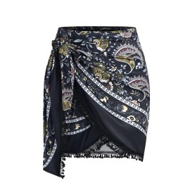 ZAFUL Slit Skirt for Women Boho Print Tie Side Wrap Tassel Casual Beach Mini SkirtColor: boho-Black, Size: M