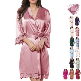2Pcs Satin Robe Womens Silk Robes Lace Kimonos Bridal Silky Robes for Brides Bridesmaids Wedding Nightgown Bathrobe Sleepwear, Dusty Rose, One Size
