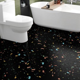 WESTICK 12"x12" Black Terrazzo Floor Tile Peel and Stick Colorful Black Marble Floor Tiles for Bathroom Waterproof Dark Terrazzo Vinyl Flooring for Kitchen Bedroom Living Room