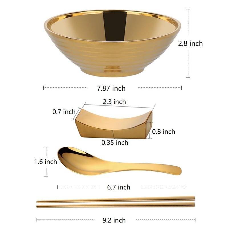 BYEGOU Stainless Steel Ramen Bowl Set, 7.8 Inch Double-Wall Noodle