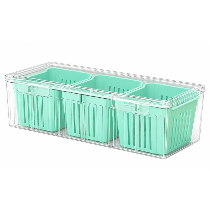 Refrigerator Food Storage Container with 3 Removable Baskets and Lid