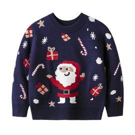 Suéter de Navidad para niños pequeños y niñas, suéter de punto feo de Navidad, suéter de algodón cálido para niños de 2 a 6 años, Azul Marino Santa, 3 Años