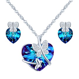 Yumilok Women's Necklace with Pendant Necklace Women's Stud Earrings Set Heart Heart Crystal Zirconia Jewellery Set Heart Crystal Butterfly for Women Girls, Crystal, Cubic Zirconia