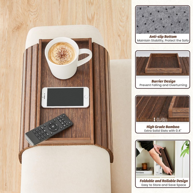 GEHE Bamboo Sofa Arm Tray, Foldable Couch Arm Tray Side