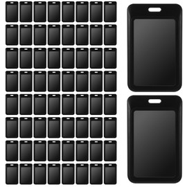 Hard Plastic ID Badge Holder Vertical Slide Open Card Case Black Name Tag Holders Badge Sleeve ID Case Protector with Clear Window for Nurses Office Credit Cards(50 Pcs)