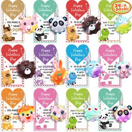 Valentine's Day Gifts, 24-Pack 3D Animal Pop Suction Fidget Toys with Valentine's Day Cards, Bulk Valentine Gifts Exchange for School Classroom and Party Favors - style: 24PCS-Animal Pop Balls