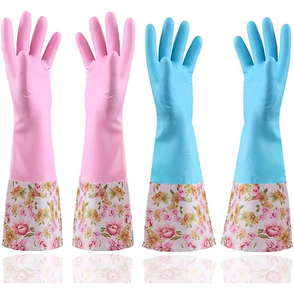 Beasert Rubber Household Gloves, Latex-Free Waterproof Dish Gloves, Cleaning Gloves with Cuff Lining, Long Sleeve Lining (Medium Size, 2 Pairs)