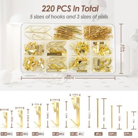 GeeRic 220 PCS Picture Hanging Kit, Heavy Duty 30 lb 50 lb 100 lb Picture Hanging Hooks, Wall Hanging Hardware Set for Photo Frames (Gold)