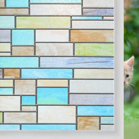 Niviy Privacy Window Covering Brick Stained Glass Window Film Waterproof Static Window Cling, 17.7" by 157.4" No Adhesive Glass Window Decor for Bathroom Kids Room Sliding Door