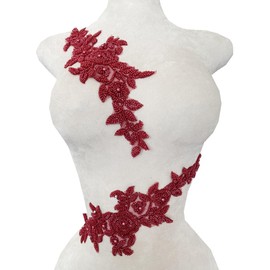 PLune Lace Beaded Applique Perfect Shining Trim Patches for Wedding Dress Clothing Accessories one Pair/Bag 5.5X12.9inches (Wine)