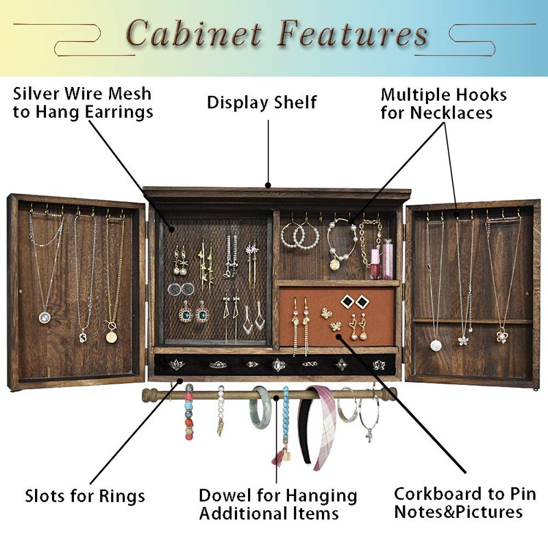 GLANT Rustic Wall Mounted Jewelry Organizer with Wooden Barndoor Decor,Wooden