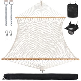 ANOW Rope Hammock Double Hammock with Hardwood Spreader Bar and Carrying Bag, 450 LBS Weight Capacity for Two Person, Natural