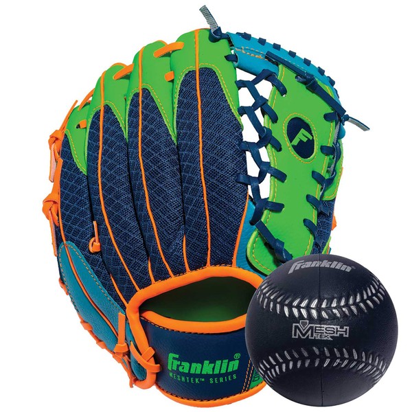 Franklin Sports Kids Baseball Gloves - Meshtek Child's Tball Glove + Ball Set - Boys + Girls Teeball Mitt Set - Kids + Toddler Right Hand Throw - 9.5" - Navy/Lime/Orange