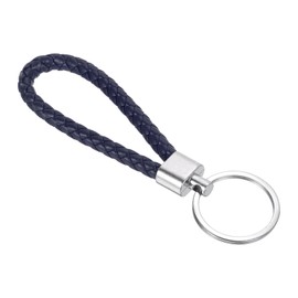 PATIKIL Braided Leather Keychain with Stainless Steel Key Ring, PU Woven Wristlet Lanyard Strap Fob Keyring Holder for Car Bag Wallet Pendant, Dark Blue