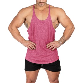 Muhshoiy Mens Stringer Bodybuilding Tank Tops Low Cut Off Y Back Gym Workout Training Stretch Polyester Quick Drying Muscle Shirt/Pink/M
