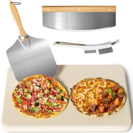 Gyreuni 4 PCS Rectangle Pizza Stone Set, 20" Large Pizza Stone for Oven and Grill with Pizza Peel, Pizza Cutter & Brush, Baking Stone for Pizza, Bread,BBQ