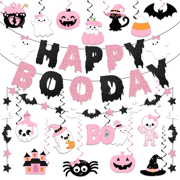 Happy Boo Day Party Decorations, Pink Halloween Birthday Decorations includes
