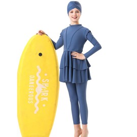 IDOPIP Muslim Swimsuit for Girls Kids Modest Islamic Swimwear Long Sleeve Full Cover Burkini Swimsuits Bathing Suit 3PCS Rash Guard Set Top Pants Hijab Swimming Cap Outfits Dark Blue 3PCS 18-24 Months