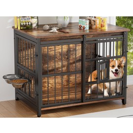 Dog Crate Furniture for Medium Dogs, Sliding Barn Door Dog Crate with Interactive Window for Anxiety Dogs, 360°Rotatable & Elevated Dogs Bowls, Wooden Dog Kennel Furniture, Dog Cage Furniture Indoor