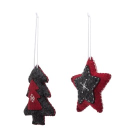 DEMDACO Holly Lodge Red, Black 4 x 4 Inch Cotton Classic, Homespun, Stitched, Festive Holiday Décor, Christmas Tree Decoration Hanging Ornament, Set of 2, Star, Tree