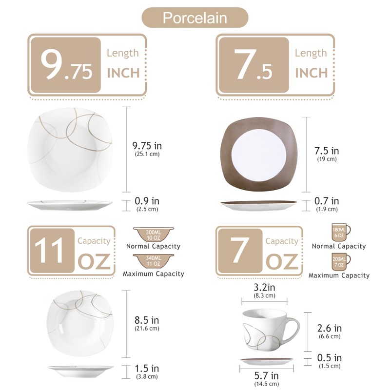 VEWEET 'Nikita' 30-Piece Dinner Set Ivory White Brown Lines Porcelain